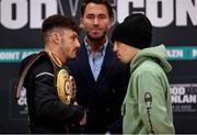 10 March 2022; Michael Conlan, right, with Eddie Hearn, centre, and Leigh Wood during a press conference at Albert Hall in Nottingham, England ahead of their WBA Featherweight World Title bout. Photo by Mark Robinson / Matchroom Boxing via Sportsfile