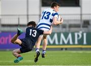 10 March 2022; Cian O'Connell of Blackrock College is tackled by David Gilmore of Wesley College during the Bank of Ireland Leinster Rugby Schools Junior Cup 2nd Round match between Blackrock College and Wesley College at Energia Park in Dublin. Photo by Harry Murphy/Sportsfile