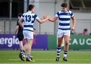 10 March 2022; Sami Bishti, right, and Cian O'Connell of Blackrock College celebrate a try during the Bank of Ireland Leinster Rugby Schools Junior Cup 2nd Round match between Blackrock College and Wesley College at Energia Park in Dublin. Photo by Harry Murphy/Sportsfile