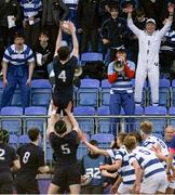 10 March 2022; Blackrock College supporters cheer a lineout during the Bank of Ireland Leinster Rugby Schools Junior Cup 2nd Round match between Blackrock College and Wesley College at Energia Park in Dublin. Photo by Harry Murphy/Sportsfile