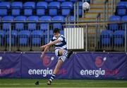 10 March 2022; Paddy Clancy of Blackrock College kicks a conversion during the Bank of Ireland Leinster Rugby Schools Junior Cup 2nd Round match between Blackrock College and Wesley College at Energia Park in Dublin. Photo by Harry Murphy/Sportsfile