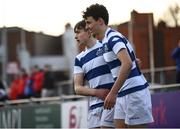 10 March 2022; Joe Reddan of Blackrock College, left, celebrates with teammate Cormac Sheahan during the Bank of Ireland Leinster Rugby Schools Junior Cup 2nd Round match between Blackrock College and Wesley College at Energia Park in Dublin. Photo by Harry Murphy/Sportsfile