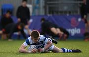 10 March 2022; Ruairi Houlihan of Blackrock College scores a try during the Bank of Ireland Leinster Rugby Schools Junior Cup 2nd Round match between Blackrock College and Wesley College at Energia Park in Dublin. Photo by Harry Murphy/Sportsfile
