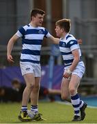 10 March 2022; Ruairi Houlihan of Blackrock College, right, celebrates scoring a try with teammate Cian O'Connell during the Bank of Ireland Leinster Rugby Schools Junior Cup 2nd Round match between Blackrock College and Wesley College at Energia Park in Dublin. Photo by Harry Murphy/Sportsfile