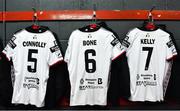5 March 2022; The Dundalk jerseys of, from left, Mark Connolly, Sam Bone and Daniel Kelly hang in the dressing room before the SSE Airtricity League Premier Division match between Sligo Rovers and Dundalk at The Showgrounds in Sligo. Photo by Ben McShane/Sportsfile