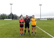 11 March 2022; Referee Séamus Mulvihill with captains Emma Cleary of UCC and Anna-Rose Kennedy of DCU Dóchas Éireann before the Yoplait LGFA O'Connor Cup Semi-Final match between DCU Dóchas Éireann, Dublin and UCC, Cork at DCU in Dublin. Photo by Eóin Noonan/Sportsfile