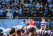 11 March 2022; St Michaels College supporters with their faces painted with the Ukrainian flag during the Bank of Ireland Leinster Schools Junior Cup 2nd Round match between Terenure College and St Michaels College at Energia Park in Dublin. Photo by Harry Murphy/Sportsfile