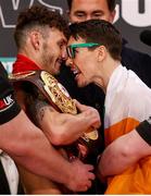 11 March 2022; Leigh Wood, left,and Michael Conlan face-off before their WBA Featherweight World Title bout at Albert Hall in Nottingham, England. Photo by Mark Robinson / Matchroom Boxing via Sportsfile