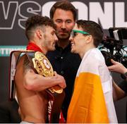 11 March 2022; Leigh Wood, left,and Michael Conlan face-off before their WBA Featherweight World Title bout at Albert Hall in Nottingham, England. Photo by Mark Robinson / Matchroom Boxing via Sportsfile