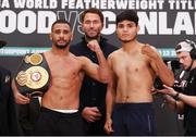 11 March 2022; Caoimhin Agyarko, left, and Juan Carlos Rubio face-off before their WBA International Middleweight Title bout at Albert Hall in Nottingham, England. Photo by Mark Robinson / Matchroom Boxing via Sportsfile