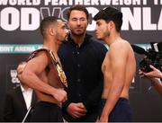 11 March 2022; Caoimhin Agyarko, left, and Juan Carlos Rubio face-off before their WBA International Middleweight Title bout at Albert Hall in Nottingham, England. Photo by Mark Robinson / Matchroom Boxing via Sportsfile