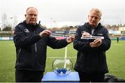 11 March 2022; Head of rugby development Phil Lawlor draws Cistercian College Roscrea and facilities and events manager Stephen Jameson draws St Fintan’s High School during the Bank of Ireland Leinster Rugby School Junior Cup Quarter Final Draw at Energia Park in Dublin. Photo by Harry Murphy/Sportsfile