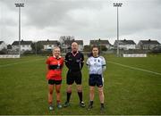 12 March 2022; Referee Jonathan Murphy with captains Emma Cleary of UCC and Fiadhna Tangney of UL before the Yoplait LGFA O'Connor Cup Final match between UCC and UL at DCU in Dublin. Photo by Eóin Noonan/Sportsfile