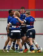 15 March 2022; Jed O'Dwyer of Crescent College Comprehensive, centre, celebrates after scoring his side's first try with teammates during the Munster Rugby Schools Senior Cup Final match between Crescent College Comprehensive, Limerick, and Presentation Brothers College, Cork, at Thomond Park in Limerick. Photo by Harry Murphy/Sportsfile