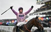 16 March 2022; Jockey Kielan Woods celebrates after riding Global Citizen to victory in the Johnny Henderson Grand Annual Challenge Cup Handicap Chase on day two of the Cheltenham Racing Festival at Prestbury Park in Cheltenham, England. Photo by David Fitzgerald/Sportsfile