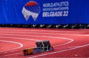 17 March 2022; A general view of starting blocks on the track ahead of the World Indoor Athletics Championships at the Štark Arena in Belgrade, Serbia. Photo by Sam Barnes/Sportsfile