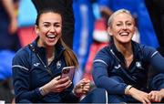 17 March 2022; Sharlene Mawdsley, left, and Sarah Lavin, both of Ireland, share a joke during the official team training session ahead of the World Indoor Athletics Championships at the Štark Arena in Belgrade, Serbia. Photo by Sam Barnes/Sportsfile