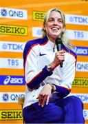 17 March 2022; Keely Hodgkinson of Great Britain speaking at a press conference ahead of the World Indoor Athletics Championships at the Štark Arena in Belgrade, Serbia. Photo by Sam Barnes/Sportsfile