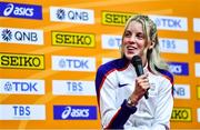 17 March 2022; Keely Hodgkinson of Great Britain speaking at a press conference ahead of the World Indoor Athletics Championships at the Štark Arena in Belgrade, Serbia. Photo by Sam Barnes/Sportsfile
