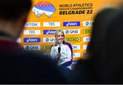 17 March 2022; Keely Hodgkinson of Great Britain speaking at a press conference ahead of the World Indoor Athletics Championships at the Štark Arena in Belgrade, Serbia. Photo by Sam Barnes/Sportsfile