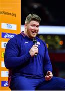 17 March 2022; Ryan Crouser of USA speaking at a press conference ahead of the World Indoor Athletics Championships at the Štark Arena in Belgrade, Serbia. Photo by Sam Barnes/Sportsfile