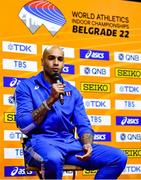 17 March 2022; Lamont Marcell Jacobs of Italy speaking at a press conference ahead of the World Indoor Athletics Championships at the Štark Arena in Belgrade, Serbia. Photo by Sam Barnes/Sportsfile