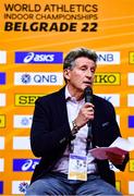 17 March 2022; World Athletics President Sebastian Coe speaking at a press conference ahead of the World Indoor Athletics Championships at the Štark Arena in Belgrade, Serbia. Photo by Sam Barnes/Sportsfile