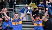 17 March 2022; Naas CBS joint-captains Fionn Tully, left, and Jack McKevitt lift the cup after their side's victory in the Masita GAA Football All Ireland Post Primary Schools Hogan Cup Final match between Naas CBS, Kildare, and St Brendan's College Killarney, Kerry, at Croke Park in Dublin. Photo by Piaras Ó Mídheach/Sportsfile