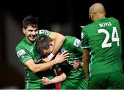 18 March 2022; Conor Tourish of Finn Harps, centre, celebrates with teammates Filip Mihaljevic of Finn Harps, left, and Ethan Boyle after scoring his side's second goal during the SSE Airtricity League Premier Division match between Shelbourne and Finn Harps at Tolka Park in Dublin. Photo by Piaras Ó Mídheach/Sportsfile