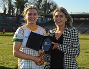 19 March 2022; Orlagh Lally of Meath is presented with the Player of the Match award by Fiona Fahey, Lidl Ireland, following the 2022 Lidl Ladies National Football League Division 1 semi-final fixture between Mayo and Meath, at St Tiernach’s Park, Clones. Co. Monaghan. Photo by Ray McManus/Sportsfile