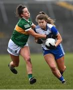 20 March 2022; Jayne Drury of Monaghan in action against Julie O'Sullivan of Kerry during the Lidl Ladies Football National League Division 2 Semi-Final match between Kerry and Monaghan at Tuam Stadium in Tuam, Galway. Photo by David Fitzgerald/Sportsfile