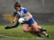 20 March 2022; Muireann Atkinson of Monaghan is tackled by Kerry goalkeeper Ciara Butler for which a penalty is awarded during the Lidl Ladies Football National League Division 2 Semi-Final match between Kerry and Monaghan at Tuam Stadium in Tuam, Galway. Photo by David Fitzgerald/Sportsfile