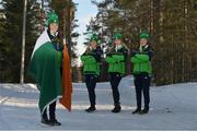 20 March 2022; Team Ireland members, from left, Megan Ryan, Elizabeth Golding, Charlotte Turner and Kailey Murphy before the opening ceremony ahead of day one of the 2022 European Youth Winter Olympic Festival in Vuokatti, Finland. Photo by Eóin Noonan/Sportsfile