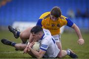 20 March 2022; Eoin Darcy of Wicklow in action against Eoghan McCormack of Longford during the Allianz Football League Division 3 match between Longford and Wicklow at Glennon Brothers Pearse Park in Longford. Photo by Philip Fitzpatrick/Sportsfile