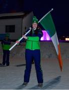 20 March 2022; Flagbearer Megan Ryan before the opening ceremony ahead of day one of the 2022 European Youth Winter Olympic Festival in Vuokatti, Finland. Photo by Eóin Noonan/Sportsfile