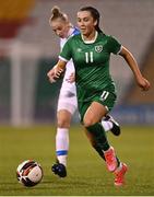 23 March 2022; Lia O'Leary of Republic of Ireland in action against Adela Vasáková of Slovakia during the UEFA EURO2022 Women's Under-17 Round 2 qualifying match between Republic of Ireland and Slovakia at Tallaght Stadium in Dublin. Photo by Piaras Ó Mídheach/Sportsfile