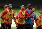 25 March 2022; Belgium players, from left, Michy Batshuayi, Youri Tielemans and Christian Benteke during a Belgium training session at the Aviva Stadium in Dublin. Photo by Seb Daly/Sportsfile