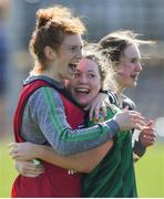 26 March 2022; Mercy Mounthawk players joint manager Louise Ní Mhuircheartaigh celebrates after winning the Lidl All Ireland Post Primary School Junior ‘C’ Championship Final match between Mercy Mounthawk, Kerry and Maynooth Education Campus, Kildare at Duggan Park in Ballinasloe, Galway. Photo by Ray Ryan/Sportsfile