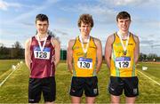 3 April 2022; Under 18 boys javelin medallists, from left, Conor Walsh of Crookstown Millview AC, Kildare, bronze, Diarmuid Duffy of Lake District Athletics, Mayo, gold, and Oisin Joyce of Lake District Athletics, Mayo, silver, during the AAI National Spring Throws Championships at Templemore Athletics Club in Tipperary. Photo by Sam Barnes/Sportsfile