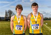 3 April 2022; Under 18 boys javelin medallists, Diarmuid Duffy of Lake District Athletics, Mayo, left, gold, and Oisin Joyce of Lake District Athletics, Mayo, silver, during the AAI National Spring Throws Championships at Templemore Athletics Club in Tipperary. Photo by Sam Barnes/Sportsfile