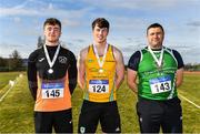 3 April 2022; Senior men's javelin medallists, from left, Sean Carolan of Nenagh Olympic AC, Tipperary, silver, Conor Cusack of Lake District Athletics, Mayo, gold, and John Dwyer of Templemore AC, Tipperary, bronze, during the AAI National Spring Throws Championships at Templemore Athletics Club in Tipperary. Photo by Sam Barnes/Sportsfile