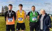 3 April 2022; Former Athletics Ireland President Georgina Drumm with senior men's javelin medallists, from left, Sean Carolan of Nenagh Olympic AC, Tipperary, silver, Conor Cusack of Lake District Athletics, Mayo, gold, and John Dwyer of Templemore AC, Tipperary, bronze, during the AAI National Spring Throws Championships at Templemore Athletics Club in Tipperary. Photo by Sam Barnes/Sportsfile