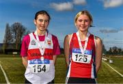 3 April 2022; Under 16 girls javelin medallists, Katie Kingston of Skibbereen AC, Cork, silver, and and Enya Silkena of Dundalk St Gerards AC, Louth, gold,  during the AAI National Spring Throws Championships at Templemore Athletics Club in Tipperary. Photo by Sam Barnes/Sportsfile