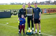 7 April 2022; The Football Association of Ireland and DHL Express Ireland, official logistics partner to the FAI, have come together to offer unique football experiences to young Irish fans suffering with illness, injury or incapacitation, using the new FAI BEAM Robot sponsored by DHL. At the launch of the experience are Republic of Ireland players, from left, Caoimhin Kelleher, James Talbot and Dara O'Shea with Simon Smith, from Swords, Dublin, at the FAI National Training Centre in Abbotstown, Dublin. Photo by Stephen McCarthy/Sportsfile