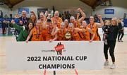 3 April 2022; The Midland Masters team celebrate with the cup after the InsureMyHouse.ie Masters Over 40’s Women National Cup Final match between Glanmire, Cork and Midlands Masters, Laois at the National Basketball Arena in Dublin. Photo by Brendan Moran/Sportsfile