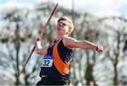 3 April 2022; Hugh Kelly of Inbhear Dee AC, Wicklow, competing in the under 19 boys javelin during the AAI National Spring Throws Championships at Templemore Athletics Club in Tipperary. Photo by Sam Barnes/Sportsfile