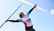 3 April 2022; Ailbhe Gordon of Greystones and District AC, Wicklow, competing in the under 17 girls javelin during the AAI National Spring Throws Championships at Templemore Athletics Club in Tipperary. Photo by Sam Barnes/Sportsfile