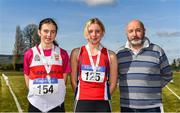 3 April 2022; Declan Curtin, Chair of Technical Committee, Athletics Ireland, with under 16 girls javelin medallists, Katie Kingston of Skibbereen AC, Cork, silver, left, and and Enya Silkena of Dundalk St Gerards AC, Louth, gold, centre,  during the AAI National Spring Throws Championships at Templemore Athletics Club in Tipperary. Photo by Sam Barnes/Sportsfile