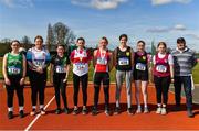 3 April 2022; Declan Curtin, Chair of Technical Committee, Athletics Ireland, right, with women's javelin competitors during the AAI National Spring Throws Championships at Templemore Athletics Club in Tipperary. Photo by Sam Barnes/Sportsfile