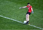 3 April 2022; Mayo goalkeeper Rory Byrne takes a kick-out during the Allianz Football League Division 1 Final match between Kerry and Mayo at Croke Park in Dublin. Photo by Piaras Ó Mídheach/Sportsfile